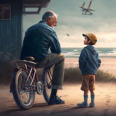 Grandfather with grandson on the beach Grandfather, grandson, beach, bicycle, coast, sea, house, birds, kite Grandfather With Grandson, Grandfather And Grandson, Grandpa And Grandson, Beach Bicycle, Meaningful Pictures, Sea House, Happy Rakshabandhan, Grandma And Grandpa, Dreams Come True