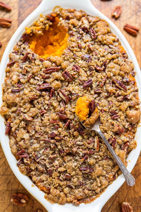 The BEST Sweet Potato Casserole with Pecan Topping - Averie Cooks Best Sweet Potato Casserole, Pecan Crumble, Sweet Potato Casserole Easy, Perfect Mashed Potatoes, Sweet Potato Recipes Casserole, Ceramic Baking Dish, Potatoe Casserole Recipes, Crumble Recipe, Recipe Simple