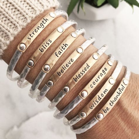 Inspiration Words, Motivational Bracelets, Stacking Bangles, Beautiful Bangles, Metal Stamped Jewelry, Twisted Bangle, Leather Man, Stacked Bangles, Silver Bar