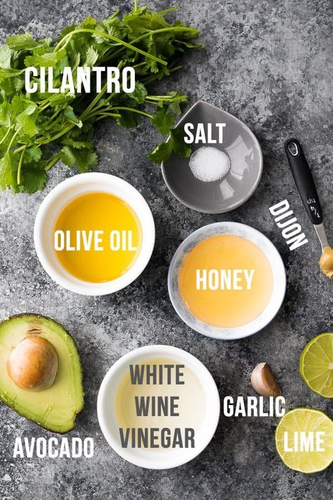 ingredients required to make creamy cilantro lime dressing Basic Vinaigrette Recipe, Cilantro Lime Dressing Recipe, Creamy Cilantro Lime Dressing, Basic Vinaigrette, Salad Vinaigrette, Cilantro Lime Vinaigrette, Vinaigrette Dressing Recipe, Strawberry Vinaigrette, Salad Jar Recipe