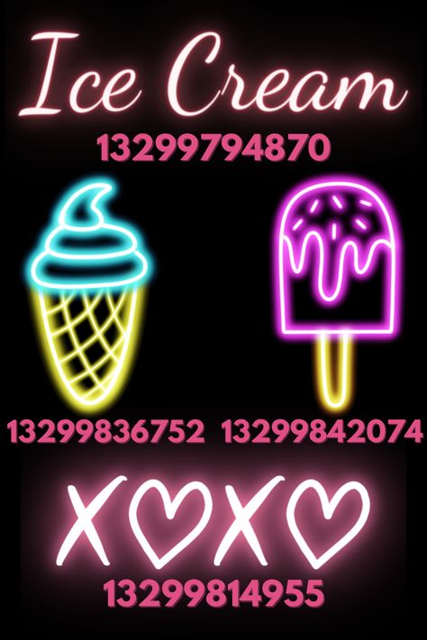 You can pair these with the ice cream parlor signs I made<3 check out my other posts to see them! The neon signs work well without a light behind tbh. I was surprised it actually looked like it was glowing in-game. Use the transparent decal object for the neon signs! #roblox #bloxburg #bloxburgdecals #bloxburgicecream Bloxburg Stop Sign Decals, Love Island Bloxburg Decals, Ice Decal Bloxburg, Neon Bloxburg Decals, Bloxburg Ice Cream Truck, Neon Sign Decal Bloxburg, Ice Spice Decals Bloxburg, Love Island Decal Codes Bloxburg, Welcome To Town Signs Bloxburg