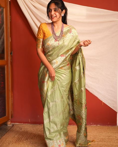 Expertly crafted for special occasions, this collection features stunning Banarasi sarees. With intricate zari details and a delicate lotus design on the border and pallu, these saree will add a touch of elegance to any function. Elevate your style with our luxurious sarees.Comes with running blouse fabric . DM for details or comment for link 🔗 @studiovirupa Taneira Sarees, Festive Handloom Pista Green Pre-draped Saree, Green Handloom Pre-draped Saree For Puja, Diwali Pista Green Tussar Silk Pre-draped Saree, Green Tussar Silk Bollywood Pre-draped Saree, Hot Women Dress, Beautiful Wedding Decorations, Lotus Design, Banarasi Sarees