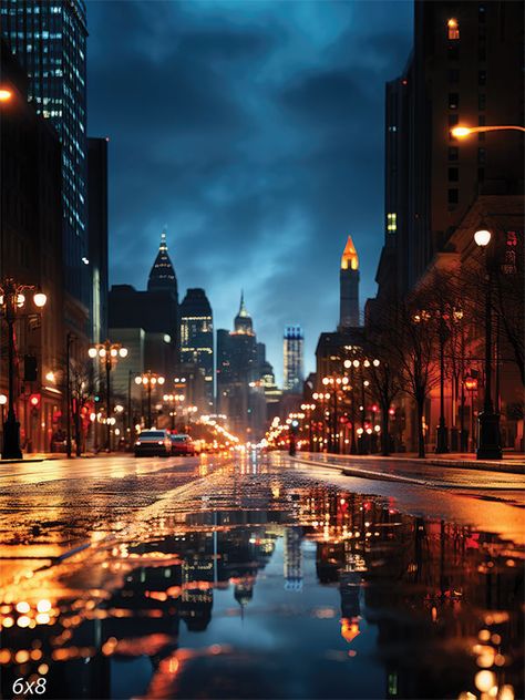 Nighttime Cityscape Photography Backdrop - A city street at night with a lit skyline and reflections on wet pavement New Your City Night, City At Night Photography, High Contrast Aesthetic, Evening City Aesthetic, Ciudades Aesthetic, City Scape Night, Urban City Photography, City Night Photography, Night City Landscape