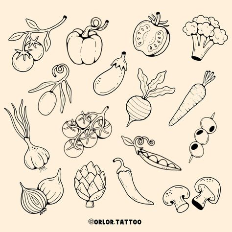 Fruit And Veggie Tattoo, Food Flash Tattoo, Tiny Food Tattoos, Fine Line Food Tattoo, Vegetable Tattoo Ideas, Fun Flash Tattoo, Simple Fruit Tattoo, Produce Tattoo, Kitchen Tattoo Ideas