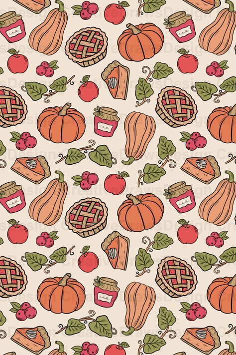 A High Quality Digital Seamless Pattern of Pumpkin, Apple, Pie and Jelly. This Pumpkin Pie Digital Repeating Digital Paper File is perfect for Fall and Thanksgiving. A Seamless Pattern Design by CreativeDrawsDesign for Personal and Commercial use. Colourful Apple Pie Surface Pattern. Thanksgiving Seamless Pattern, Fall Pattern Illustration, Pickle Background, Pie Background, Pumpkin Apple Pie, Autumn Widgets, Thanksgiving Iphone Wallpaper, Widget Themes, Thanksgiving Pattern