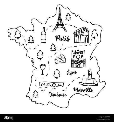 Paris Map Illustration, Map Of France, Cool Easy Drawings, Doddle Art, Map Illustration, Hand Drawn Map, Drawn Map, Paris Map, National Symbols