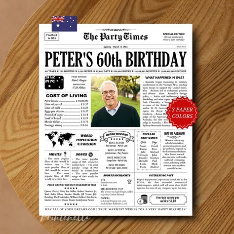 Personalised 60th Birthday Gift, 1965 60th Birthday in Australia, Printable 60th Birthday Decorations, Back In 1965 Newspaper Poster Aussie Back In 1965 Poster, Birthday Ideas For Dad, 60th Birthday Ideas For Dad, Back In 1965, Newspaper Poster, 60th Birthday Decorations, 60th Birthday Gifts, Personalized Decor, Dad Birthday