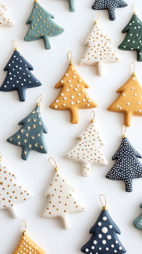 Colorful clay tree-shaped ornaments with gold loops and polka dots, arranged asymmetrically on a white background. Christmas Tree Clay Ornaments, Clay Hanging Decorations, Ceramic Ornaments Pottery, Clay Ideas Aesthetic, Trendy Ornaments, Natural Christmas Decor Ideas, Pottery Christmas Ornaments, Unusual Christmas Ornaments, Mini Ceramics