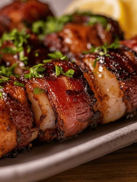 How to Make Bacon-Wrapped Scallops - pennywiseplates.com Scallop Bacon Wrapped, Bacon Wrapped Scallops Pan Seared, Bacon Wrapped Scallops Air Fryer, Bacon Wrapped Scallops In Oven, Scallop Recipes Bacon, Bbq Scallops, Scallops Bacon, Scallops Wrapped In Bacon, Scallops With Bacon