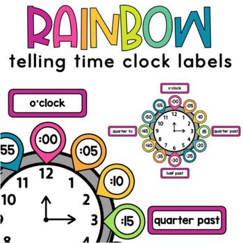 Your students will become familiar with the minute time on their classroom clock with these cute rainbow themed clock labels. Includes labels for :00, :05, :10, :15, :20, :25, :30, :35, :40, :45, :50, and :55. There are also labels for "half past", "o'clock", "quarter to" and "quarter past".Approximate size of labels is 2.5" each. Classroom Clock Labels, Clock Labels For Classroom Free, Telling Time To The Minute, Classroom Clock, Clock Labels, Clock Numbers, Class Decor, Free Labels, Cute Rainbow