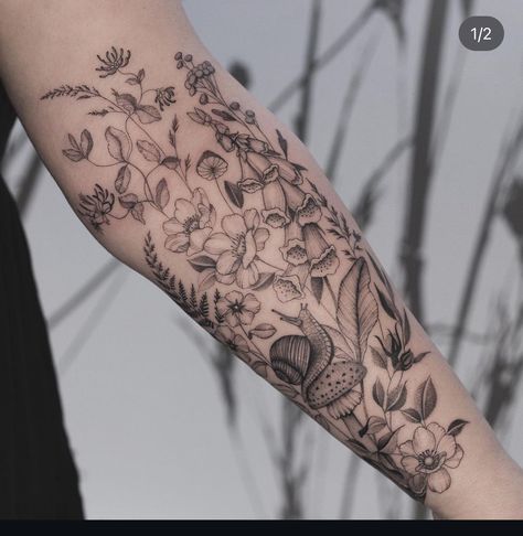 Flower Sleeve Tattoo Forearm, Plant And Animal Tattoo Sleeve, Nature Tattoos Leg, Wild Life Tattoos Sleeve, Black Work Floral Tattoo, Wild Flower Half Sleeve Tattoo, Ecosystem Tattoo, Dark Floral Tattoo Sleeve, Botanical Tattoo Sleeve Vintage