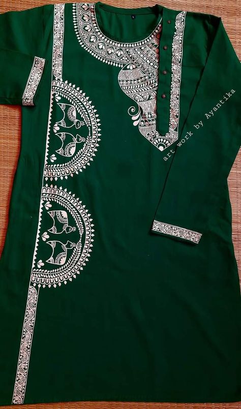 Panjabi Collar Design, Fabric Work On Punjabi, Kalka Design On Punjabi, Kolka Design On Punjabi, Panjabi Handpaint Design, Panjabi Painting Design For Men, Febric Penting Design Panjabi, Kurta Fabric Painting, Punjabi Fabric Design For Men