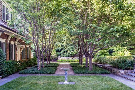 Gregory Lombardi Design Fairfield House, Sloped Backyard Landscaping, Country Gentleman, Intimate Garden, Sloped Backyard, Garden Rooms, Garden Room, Landscape Architecture, Green And White