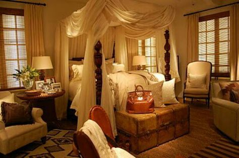 LOVE the draping and travel trunk Safari Theme Bedroom, Four Poster Bed, Home Beach, Cottage Bedroom, Four Poster, Poster Bed, Romantic Bedroom, Style Deco, Dreamy Bedrooms