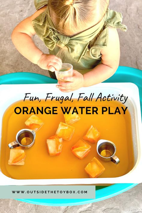 Might be Fall, but it’s still warm here in Las Vegas, so water play it is! Frozen orange water play is a great sensory activity that’s also edible making it perfect for babies, toddlers, or preschoolers. The frozen oranges are perfect for a teething toddler. The full blog post has more fun, easy, and cheap activities for Fall. Autumn Sensory Bin, Water Play Ideas, Edible Sensory Play, Sensory Bin Ideas, Fall Activities For Toddlers, Fall Sensory Bin, Orange Food Coloring, Pumpkin Activities, Orange Water