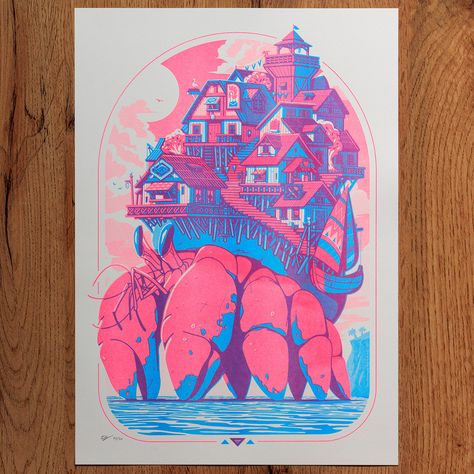 The Hobbit Riso Print on Behance Risograph Landscape, Riso Graphic Design, Riso Print Illustration, Art Print Packaging, Serigraphy Art, Dragon Illustration Art, Riso Illustration, Screenprinted Poster, Screenprint Illustration