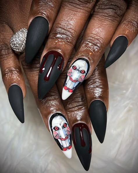 Jigsaw Nail Art, Jig Saw Nails, Saw Nail Art, Halloween Nails Scary Movie, Jigsaw Nails Halloween, Saw Nails Halloween, Jason Voorhees Nails, Jigsaw Nails, Michael Myers Nails