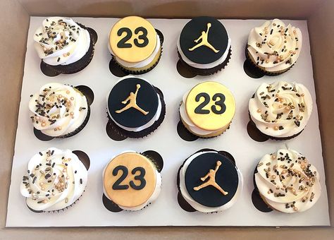 Michael Jordan Cupcakes Michael Jordan Cupcakes, Nike Cupcakes, Jordan Cupcakes, Jordan Birthday Party, Michael Jordan Cake, Smash Chocolate, Bday Party Boy, Michael Jordan Birthday, Nike Cake