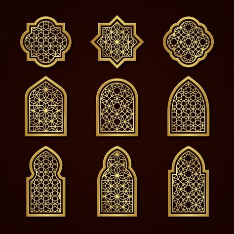 Set of gold arabic ornamental windows Pr... | Premium Vector #Freepik #vector #pattern #frame #islamic #ornament Dekorasi Maroko, Muslim Prayer Room Ideas, Islamic Design Pattern, Arabian Decor, Prayer Room Ideas, Motif Arabesque, Geometric Pattern Background, Luxury Green, Arabian Art