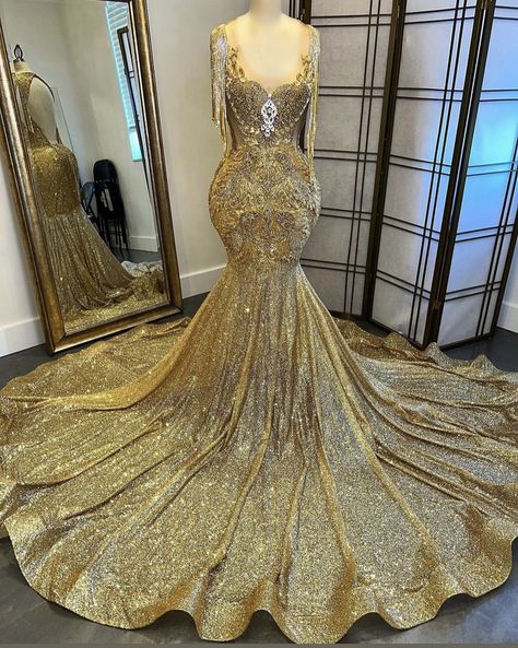 Luxury Prom Dresses Gold, Egyptian Prom Dress, Luxury Gold Gown For Prom Season, Luxury Gold Dress With Sweep Train, Gold Gown Black Woman, Arabian Nights Prom Dress, Arabian Prom Dress, Gold Prom Dresses Black Women With Date, Bling Prom Dresses