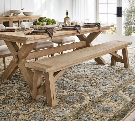 Dining Benches & Dining Banquettes | Pottery Barn Olive House, Extending Dining Table, Trestle Dining Tables, Construction Crafts, Dining Table With Bench, Dining Benches, Kiln Dried Wood, Uneven Floor, Farmhouse Dining