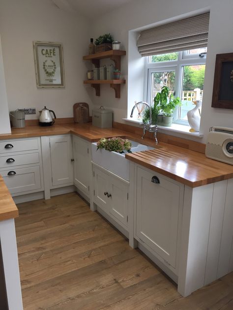 Greenbank Interiors Wooden Counter Tops, Romantic Kitchen, Wooden Counter, Farmhouse Kitchen Design, Cottage Kitchens, Kitchen Diner, Cottage Kitchen, Counter Tops, Green Kitchen