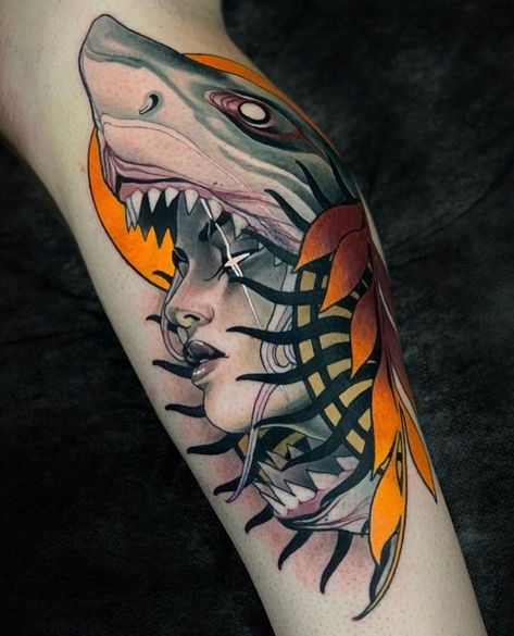 1,289 Likes, 2 Comments - Neo Traditional Spain (@neotraditionalspain) on Instagram: “Amazing work by ➡️ @glendalebully  Made @ ➡️✅🙏🏻 tag, like, comment, share. 🙏🏻💯 #️⃣ #neotradsp #️⃣🌐…” Traditional Tattoo Animals, Traditional Shark Tattoo, Shark Stuff, Sheep Tattoo, Traditional Tattoo Old School, Bone Collector, Neotraditional Tattoo, Geometric Tattoo Arm, Tattoo Magazine