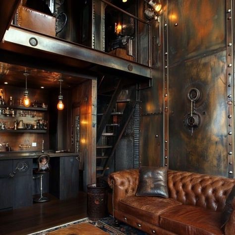 10 Steampunk Living Room Ideas: Vintage Furnishings and Unique Lighting for a Stunning Space | Florgeous Steampunk Man Cave, Modern Steampunk Decor, Steampunk Aesthetic City, Steam Punk Furniture, Steampunk Living Room Ideas, Steampunk House Interiors, Steampunk Living Room, Hampton Living Room Ideas, Coastal Modern Living Room