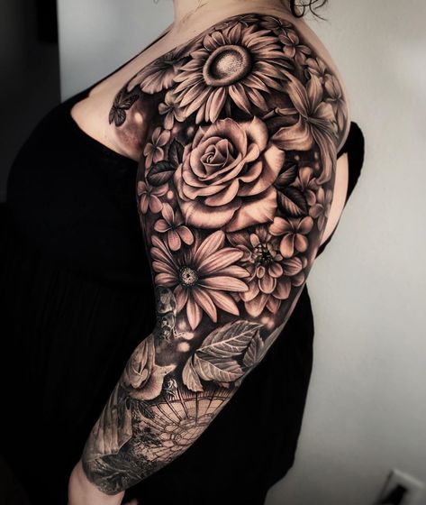 Sunflower Butterfly Tattoo Sleeve, Flower Tattoos For Women Shoulder, Colorful Arm Tattoos For Women, Black And Grey Flowers, Sunflower Sleeve, Tattoos For Women Shoulder, Thigh Piece Tattoos, Flower Tattoos For Women, Robin Tattoo