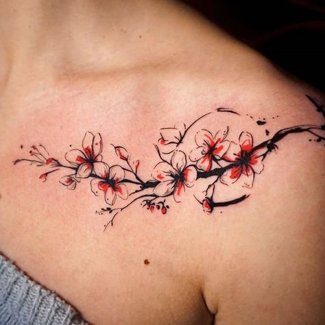 Tatuaje Studio Ghibli, Clavicle Tattoo, Tato Henna, Muster Tattoos, Flower Tattoo Shoulder, Plum Blossoms, Red Ink Tattoos, Red Tattoos, Blossom Tattoo