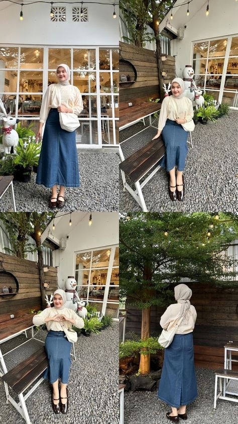 #inspirasioutfit #outfitinspo #ootdinspo #rekomendasiootd #rekomendasioutfit #outfitinspiration Rok Jeans Ootd, Jeans Skirt Outfit Hijab, Ootd Rok Jeans Hijab, Ootd Rok Jeans, Outfit Hijab Casual Rok, Outfit Rok, Outfit Hijab Simple, Mix And Match Outfits Hijab, Outfit Ngampus