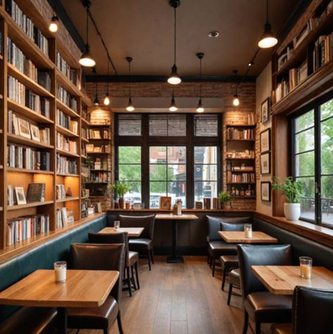 Cafe And Library Design, Coffee Shops With Books, Writing Coffee Shop, Bookstore Cafe Ideas, Library Cafe Design, Cafe With Books, Library Cafe Aesthetic, Cozy Cafe Aesthetic, Library Coffee Shop