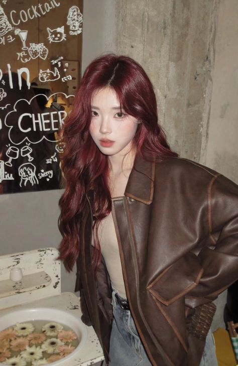 Dark Red Hair With Orange Highlights, Red Asian Hair, Red Hair Outfit Ideas, Red Hair Cherry, Short Hair Layers, Red Hair Korean, Cherry Red Hair Color, Fine Hair Styles, Red Hair Ideas