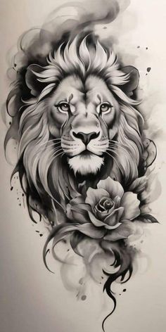 Lion And Rose Tattoo, Leo Lion Tattoos, Leon Tattoo, Female Lion Tattoo, Lion Art Tattoo, Lioness Tattoo, Lion Tattoo Sleeves, Petit Tattoo, Lion Head Tattoos