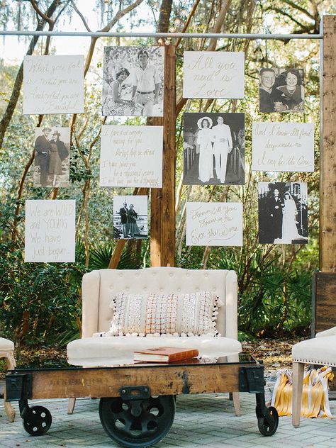 For an easy conversation starter, create a wall of family wedding photos. Devote a row to his family, one to yours or just mix them all up for an old world feel. Mafia Party, Wedding Photo Walls, Patriotic Wedding, Wedding Photo Display, Family Wedding Photos, Family Photo Wall, Photos Booth, Outdoor Wedding Reception, Photo Display