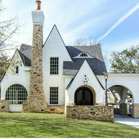 Instagram post by MoE • Dec 24, 2020 at 6:15am UTC Cathedral Home Exterior, Fireplace In Front Of House Exterior, White Stucco House, Wm Logo, Modern Tudor, Stucco Homes, Tudor Style Homes, Tudor House, Tudor Style