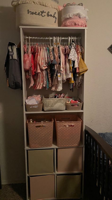 Nursery Inspo Small Room, Closet Ideas For Nursery, Baby Room Ideas Small Space Nurseries, No Closet Nursery Ideas, Diy Baby Organization Ideas, Baby Drawers Ideas, Closet Nursery Converted Walk In, Bookshelf Closet Ideas For Kids, Nursery Room Storage Ideas