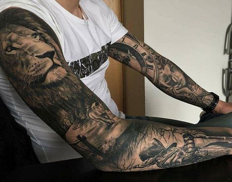 Tattoo Price Quotes By Size and Examples #tattoos #tattoosforguys #tattoosformen #tattooideas #tattoodesigns Best Sleeve Tattoos Men Unique Stencil, Kurt Tattoo, Lion Tattoo Sleeves, Chicano Tattoos, Marvel Tattoos, Tattoo Sleeves, Tattoo Prices, Half Sleeve Tattoos For Guys, Gorgeous Tattoos