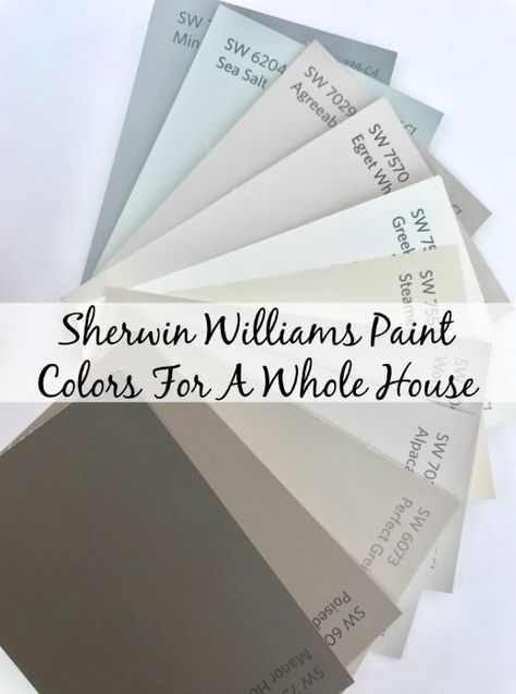 Non-boring neutral Sherwin Williams paint colors for an entire house. Colors for an open floor plan, bedrooms, bath, etc that keep the vibe cohesive. Sherwin Williams Paint Neutral, Sherwin Williams Sea Salt, Interior Paint Colors For Living Room, Sherwin Williams Paint, Interior Paint Colors Schemes, Brown Roof, Roof House, Farmhouse Paint Colors, Farmhouse Paint