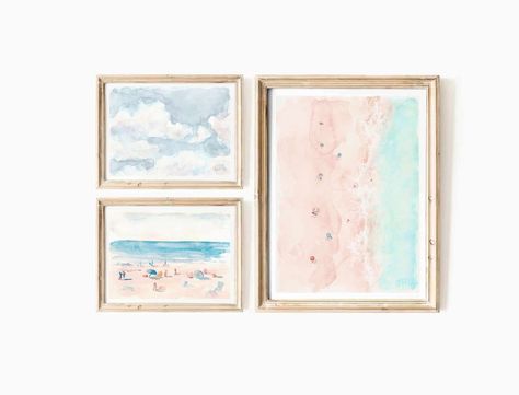 Pastel Blue Pink Set of 3 Summer Coastal Watercolor Prints 3 - Etsy Coastal Watercolor, Art Fundraiser, Pastel Beach, Wall Art Ocean, Watercolor Prints, Art Ocean, Pink Set, Pink Beach, Rose Pastel