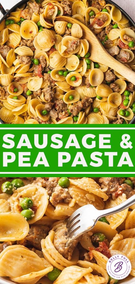 Sausage Pea Pasta, Pork Sausage And Pasta Recipes, Dinner Ideas With Ground Pork Sausage, Crumbled Sausage Pasta, Leftover Italian Sausage, Sausage And Peas Pasta, Pasta With Peas And Sausage, Recipes With Leftover Sausage, Sausage Casserole Recipes For Dinner