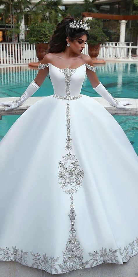 30 Disney Wedding Dresses For Fairy Tale Inspiration ❤  disney wedding dresses ball gown off the shoulder with gloves beaded cinderella saidmhamadofficial #weddingforward #wedding #bride Disney Wedding Dress, Baju Kahwin, Off Shoulder Ball Gown, Dresses With Appliques, Disney Wedding Dresses, Satin Ball Gown, Wedding Dresses Cinderella, Cinderella Dresses, Applique Wedding Dress