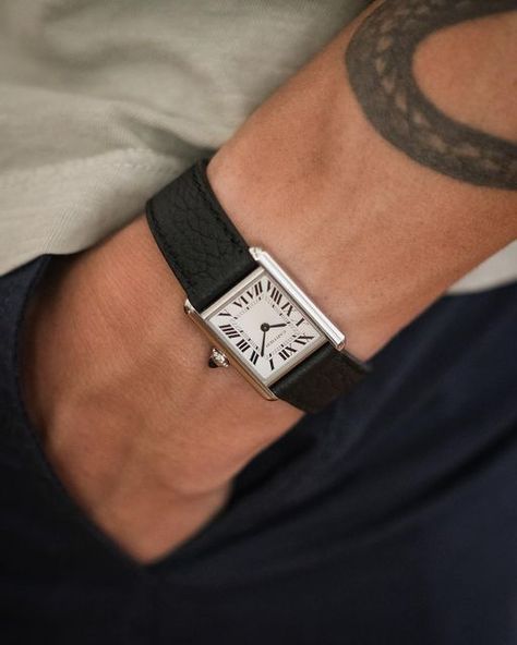 Suguru H. Nishioka on Instagram: "The best dress watch for T-shirts and shorts. @cartier Tank Must SolarBeat — 16-year service interval, small size, currently on the Taurillon leather strap by @bulangandsons My wrist is just under 6.25”, pretty flat. The small Tank is 22 x 29.5mm. #cartier #cartiertank #cartiertankmust #solarbeat #tanksolarbeat #wristshot #amanandhiswatch #garactacle #buckmason" Cartier Tank Solarbeat, Tank Must Cartier, Cartier Tank Outfit, Tank Cartier, Cartier Mens Watch, Leather Strap Watch, Cartier Tank Men, Cartier Tank Watch, Cartier Tank Must