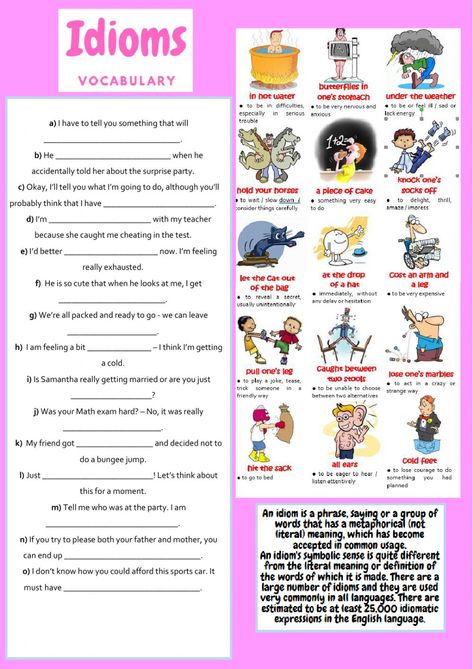 Idioms 1 worksheet Idioms For Kids, Idioms Worksheet, Teaching Idioms, Speech Therapy Free, English Language Activities, Idioms Activities, English Conversation For Kids, Word Puzzles For Kids, Teaching Figurative Language