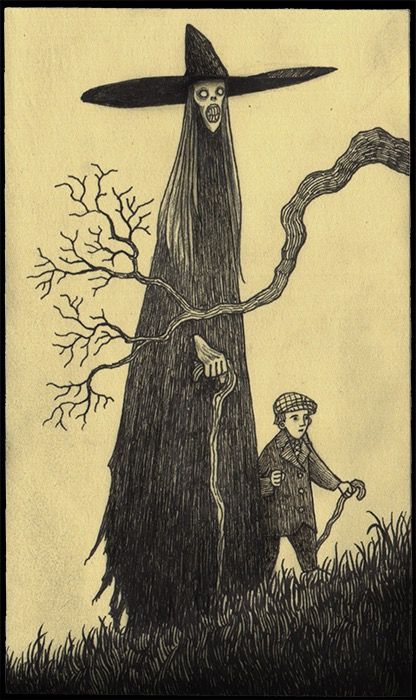 lad walking with tall witch - art by John Kenn Mortensen Doom Artwork, John Kenn Mortensen, Don Kenn, Carpathian Forest, Art Sinistre, Sticky Monster, John Kenn, Art Macabre, Scary Drawings