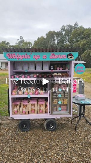 Farm Stand Baked Goods, Bakery Cart Ideas, Roadside Bakery Stand, Road Side Stand Ideas, Pop Up Bakery Display Ideas, Small Shop Ideas, Cookie Display Ideas, Bakery Cart, Carrot Cake Banana Bread