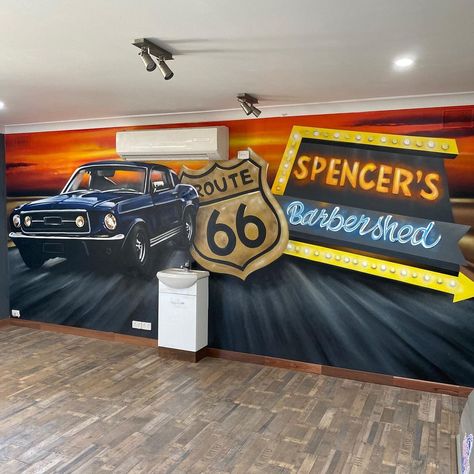 Garage Mural, Cars Mural, Barber Art, 50s Cars, Old Muscle Cars, Diy Garage Storage, Diy Garage, Car Mechanic, Car Dealership