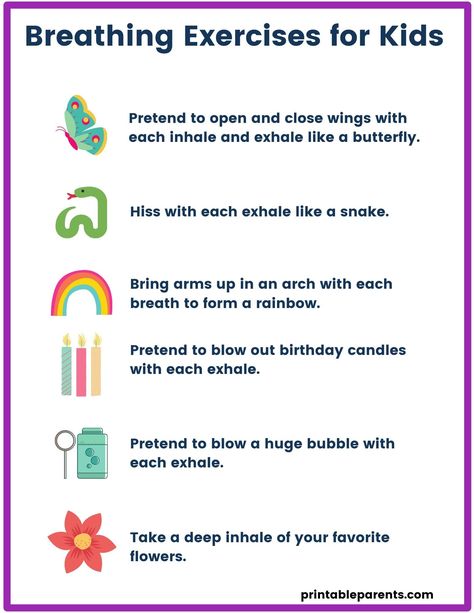 Breathing Exercises for Kids - Printable Parents Mindful Breathing For Kids, Calming Exercises For Kids, Kids Breathing Exercises, Calming Strategies For Kids Printable, Deep Breathing Exercises For Kids, Breathing Activities For Kids, Bubble Breathing, Breathing Techniques For Kids, Calming Strategies For Kids