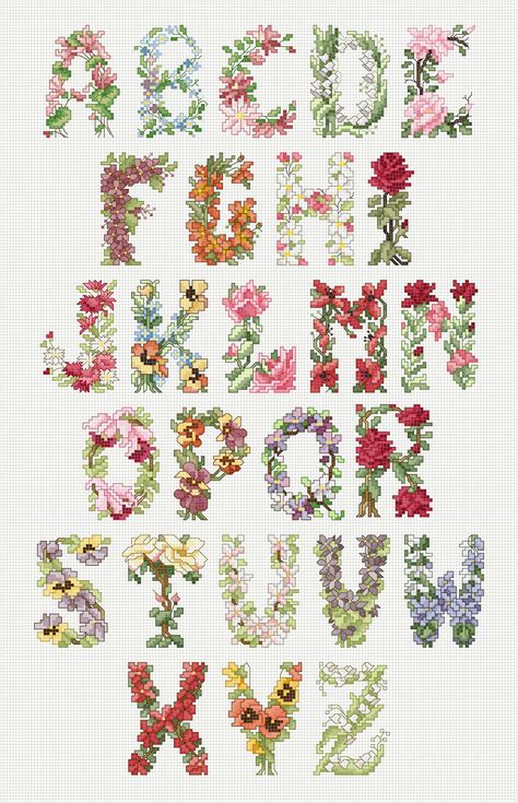 Abc Cross Stitch Alphabet, Crosstich Patterns Free, Colorful Cross Stitch, Cross Stitch Alphabet Patterns, Cross Stitch Letters, Embroidery Alphabet, Hand Embroidery Projects, Cross Stitch Alphabet, Floral Cross Stitch