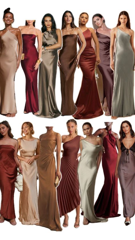 Chic Bridesmaid Dresses Classy, Burgundy Color Palette Bridesmaids, Rose Gold Color Palette Colour Schemes Bridesmaid Dresses, Bridesmaids Colour Palette, New Years Wedding Bridesmaid Dresses, Bridesmade Dress Aesthetic, Bronze Bridesmaids Dresses, Dark Mismatched Bridesmaid Dresses, Bridesmaid Dress Color Palette